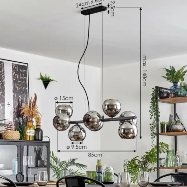 hofstein Koyoto Suspension, Boule lumineuse, Suspension Chrome, Fumé, 8 lumières* Lampes Modernes