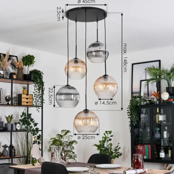 hofstein Koyoto Suspension, Boule lumineuse, Suspension grappe Ambre, Clair, Fumé, 5 lumières* Lampes Modernes
