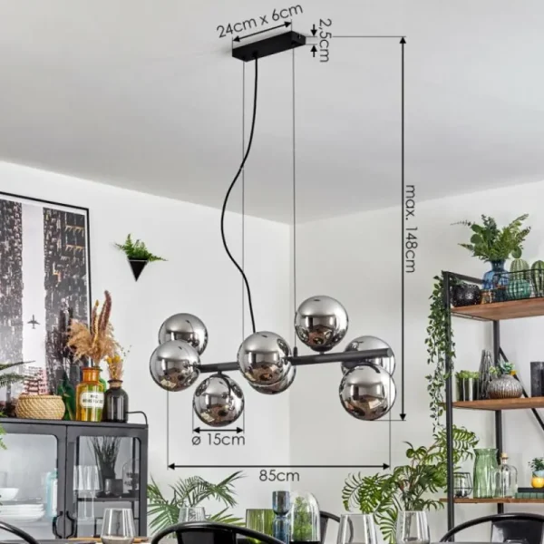 hofstein Koyoto Suspension, Boule lumineuse, Suspension Chrome, Fumé, 8 lumières* Lampes Modernes