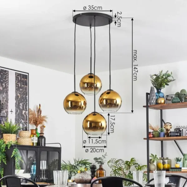 hofstein Koyoto Suspension, Boule lumineuse Or, Clair, 4 lumières* Lampes En Verre