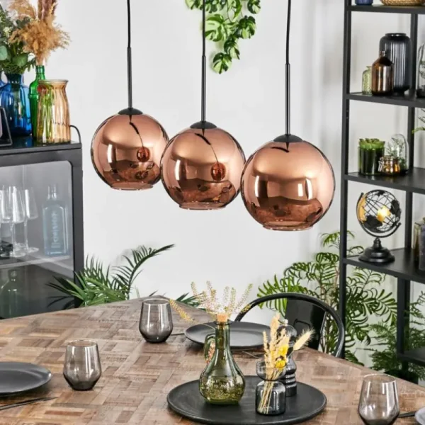 hofstein Koyoto Suspension, Boule lumineuse, Suspension Cuivré, 3 lumières* Lampes En Verre