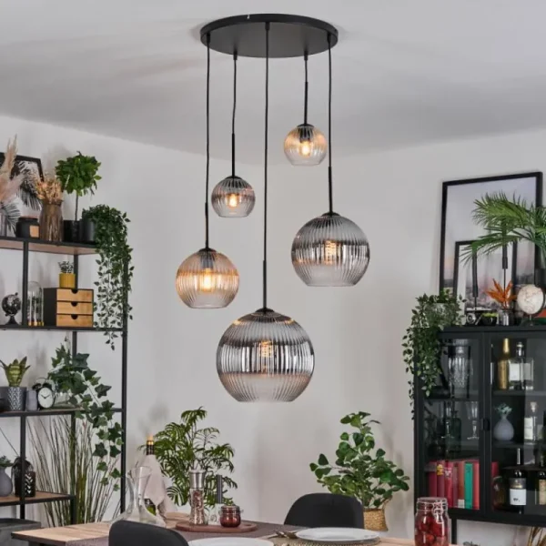 hofstein Koyoto Suspension, Boule lumineuse, Suspension grappe Ambre, Clair, Fumé, 5 lumières* Lampes Modernes