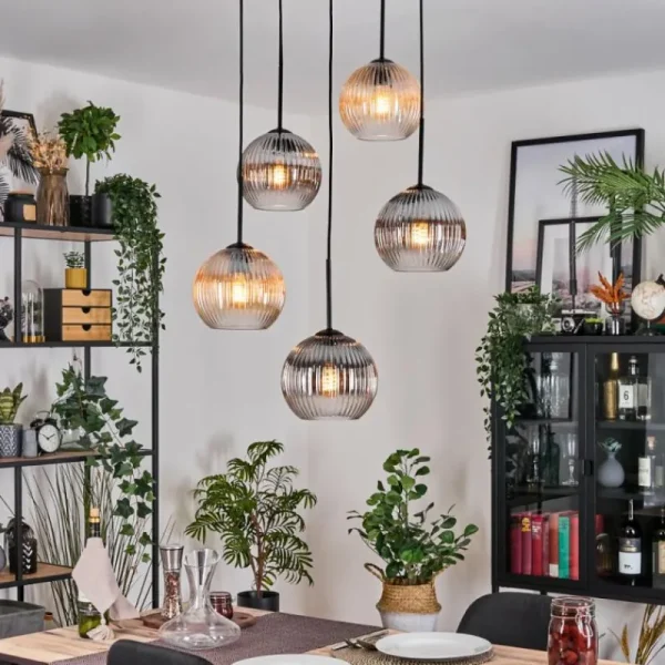 hofstein Koyoto Suspension, Boule lumineuse, Suspension grappe Ambre, Clair, Fumé, 5 lumières* Lampes Modernes