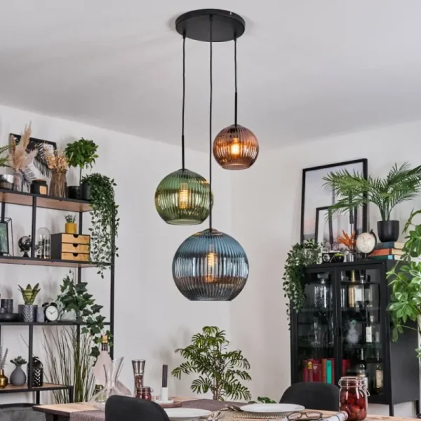 hofstein Koyoto Suspension, Boule lumineuse, Suspension, Suspension grappe Bleu, Vert, Cuivré, 3 lumières* Lampes Modernes