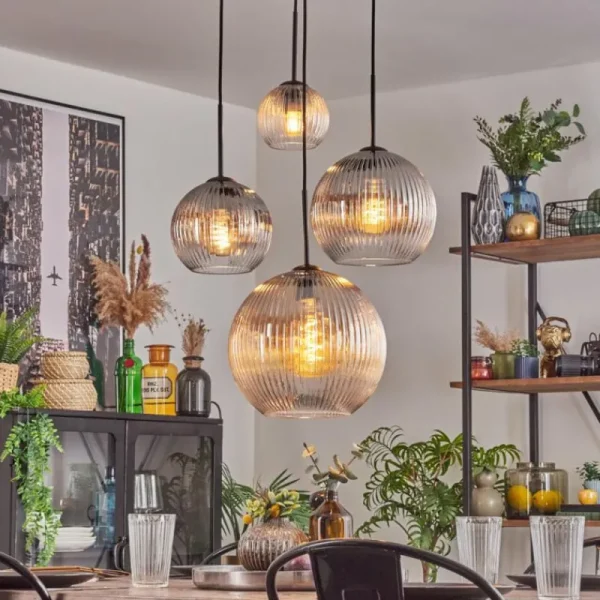 hofstein Koyoto Suspension, Boule lumineuse, Suspension Ambre, Clair, Fumé, 4 lumières* Lampes Modernes