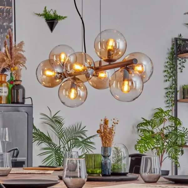 hofstein Koyoto Suspension, Boule lumineuse, Suspension Ambre, Clair, 8 lumières* Lampes En Verre