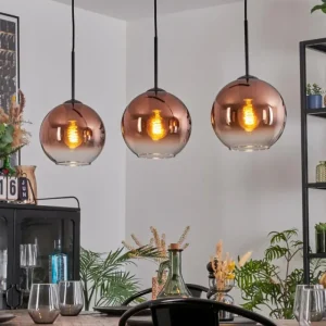 hofstein Koyoto Suspension, Boule lumineuse, Suspension Clair, Cuivré, 3 lumières* Lampes En Verre