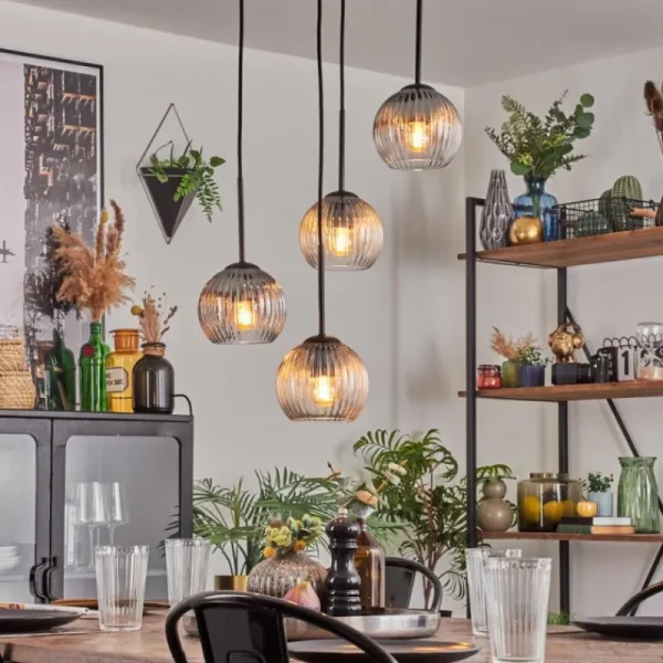 hofstein Koyoto Suspension, Boule lumineuse, Suspension Ambre, Clair, Fumé, 4 lumières* Lampes Modernes