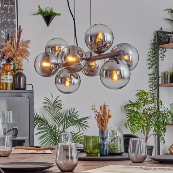 hofstein Koyoto Suspension, Boule lumineuse, Suspension Chrome, Clair, Fumé, 8 lumières* Lampes Modernes