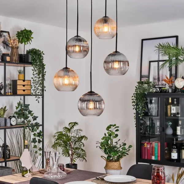 hofstein Koyoto Suspension, Boule lumineuse, Suspension grappe Ambre, Clair, Fumé, 5 lumières* Lampes Modernes