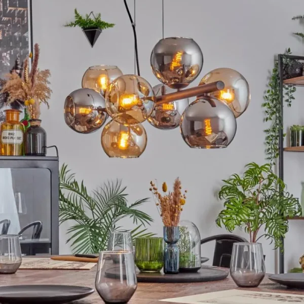 hofstein Koyoto Suspension, Boule lumineuse, Suspension Ambre, Chrome, Fumé, 8 lumières* Lampes Modernes