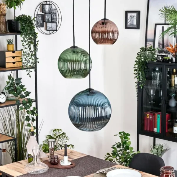 hofstein Koyoto Suspension, Boule lumineuse, Suspension, Suspension grappe Bleu, Vert, Cuivré, 3 lumières* Lampes Modernes