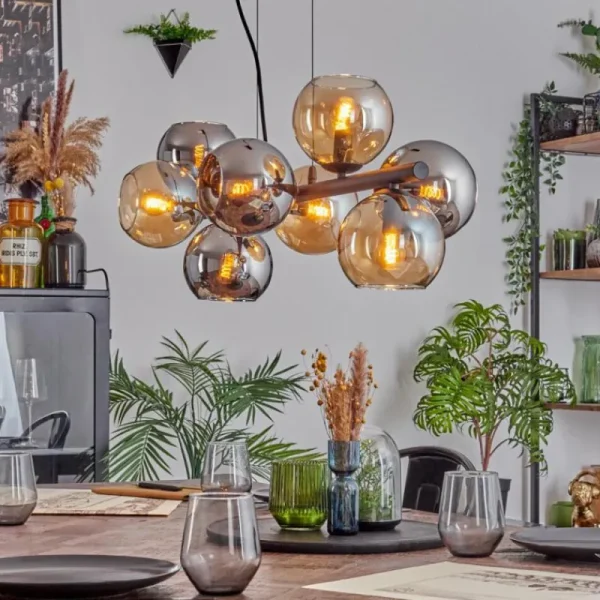hofstein Koyoto Suspension, Boule lumineuse, Suspension Ambre, Chrome, Fumé, 8 lumières* Lampes Modernes