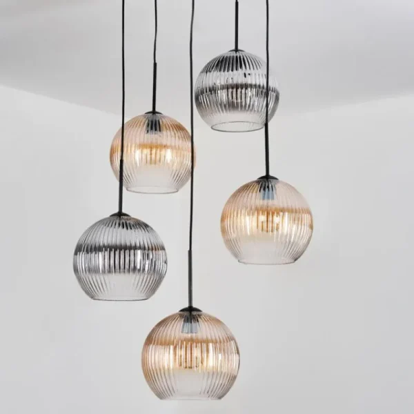 hofstein Koyoto Suspension, Boule lumineuse, Suspension grappe Ambre, Clair, Fumé, 5 lumières* Lampes Modernes