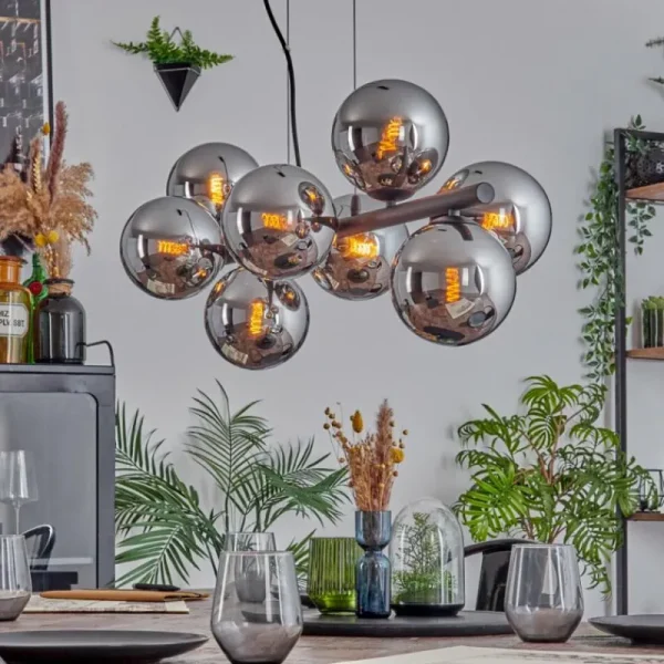 hofstein Koyoto Suspension, Boule lumineuse, Suspension Chrome, Fumé, 8 lumières* Lampes Modernes