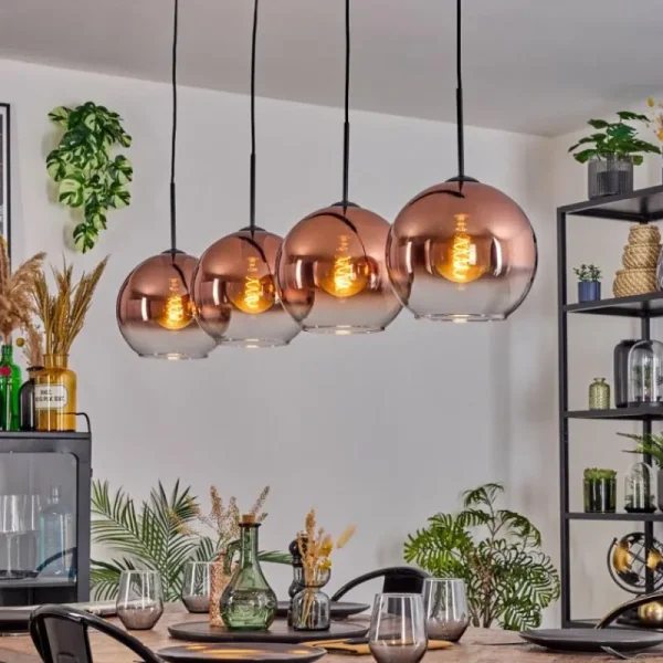 hofstein Koyoto Suspension, Boule lumineuse, Suspension Clair, Cuivré, 4 lumières* Lampes En Verre