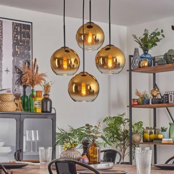hofstein Koyoto Suspension, Boule lumineuse Or, Clair, 4 lumières* Lampes En Verre