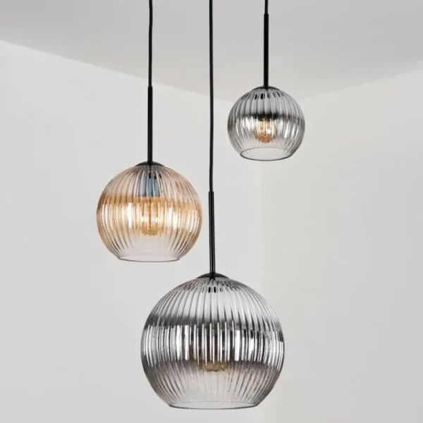hofstein Koyoto Suspension, Boule lumineuse, Suspension Ambre, Clair, Fumé, 3 lumières* Lampes Modernes