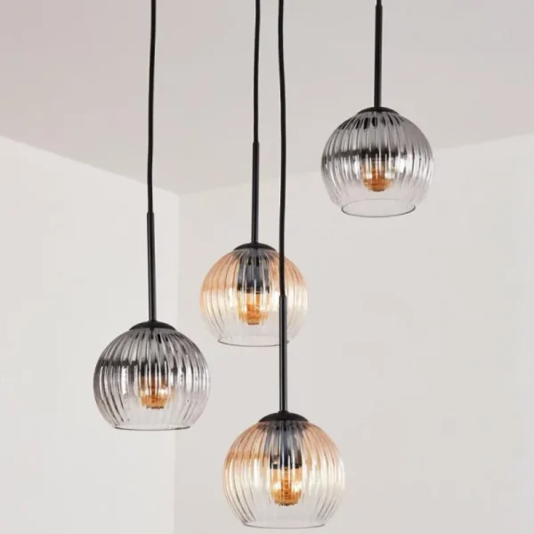 hofstein Koyoto Suspension, Boule lumineuse, Suspension Ambre, Clair, Fumé, 4 lumières* Lampes Modernes