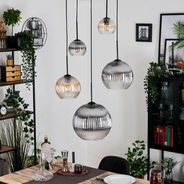 hofstein Koyoto Suspension, Boule lumineuse, Suspension grappe Ambre, Clair, Fumé, 5 lumières* Lampes Modernes
