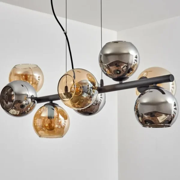 hofstein Koyoto Suspension, Boule lumineuse, Suspension Ambre, Chrome, Fumé, 8 lumières* Lampes Modernes