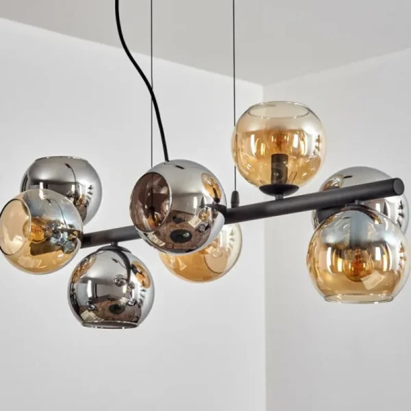 hofstein Koyoto Suspension, Boule lumineuse, Suspension Ambre, Chrome, Fumé, 8 lumières* Lampes Modernes