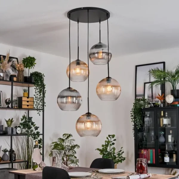 hofstein Koyoto Suspension, Boule lumineuse, Suspension grappe Ambre, Clair, Fumé, 5 lumières* Lampes Modernes