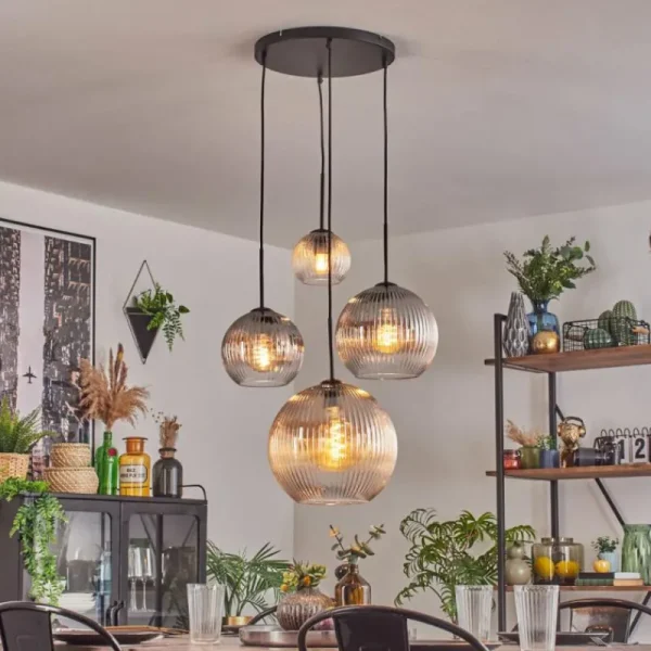 hofstein Koyoto Suspension, Boule lumineuse, Suspension Ambre, Clair, Fumé, 4 lumières* Lampes Modernes