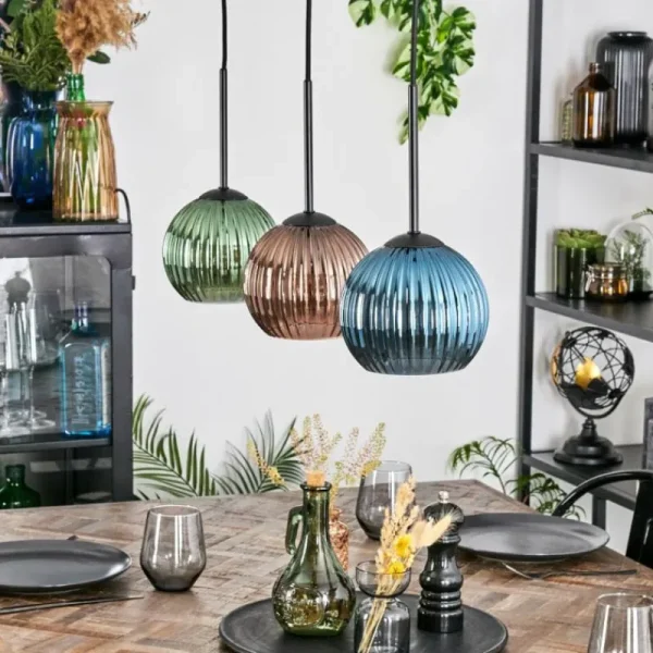 hofstein Koyoto Suspension, Boule lumineuse, Suspension Bleu, Vert, Cuivré, 3 lumières* Lampes Modernes