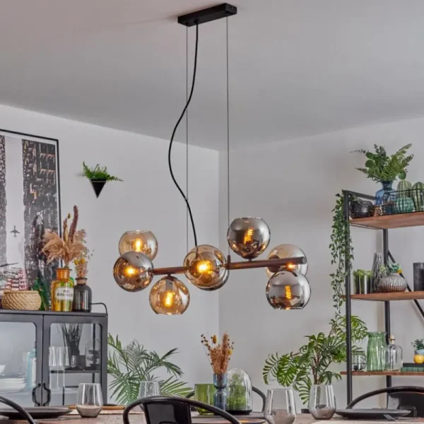 hofstein Koyoto Suspension, Boule lumineuse, Suspension Ambre, Chrome, Fumé, 8 lumières* Lampes Modernes