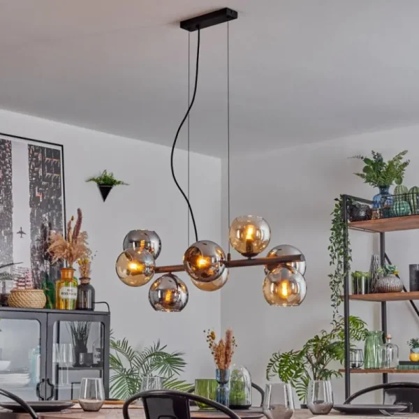 hofstein Koyoto Suspension, Boule lumineuse, Suspension Ambre, Chrome, Fumé, 8 lumières* Lampes Modernes