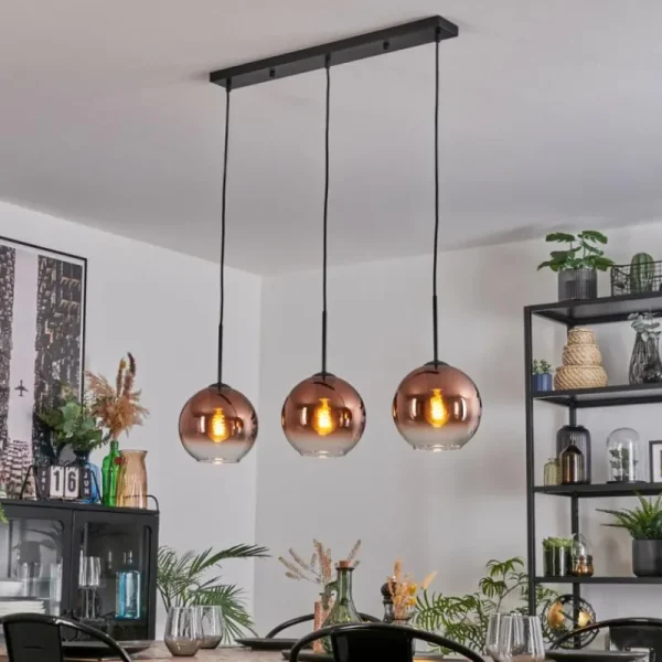 hofstein Koyoto Suspension, Boule lumineuse, Suspension Clair, Cuivré, 3 lumières* Lampes En Verre