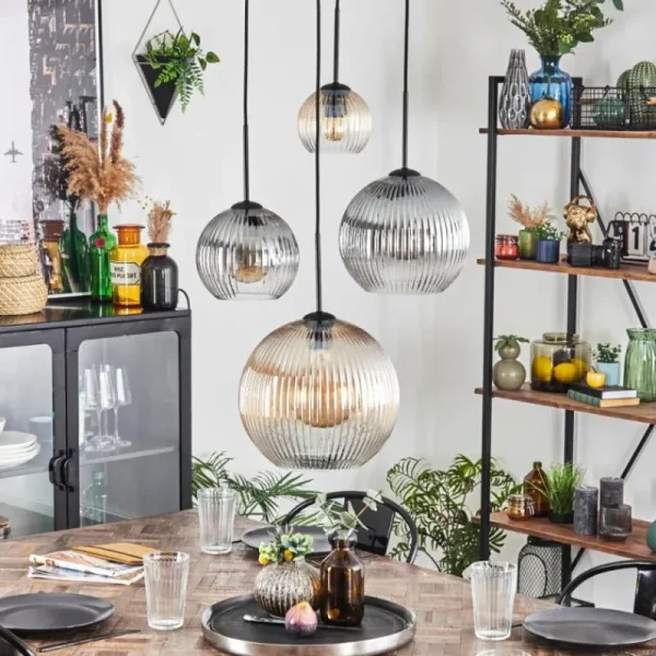hofstein Koyoto Suspension, Boule lumineuse, Suspension Ambre, Clair, Fumé, 4 lumières* Lampes Modernes