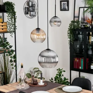 hofstein Koyoto Suspension, Boule lumineuse, Suspension Ambre, Clair, Fumé, 3 lumières* Lampes Modernes