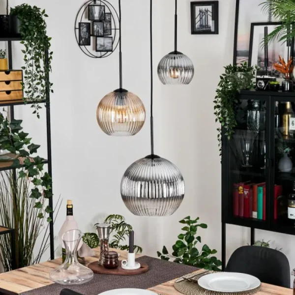 hofstein Koyoto Suspension, Boule lumineuse, Suspension Ambre, Clair, Fumé, 3 lumières* Lampes Modernes