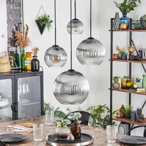 hofstein Koyoto Suspension, Boule lumineuse, Suspension Clair, Fumé, 4 lumières* Lampes Modernes