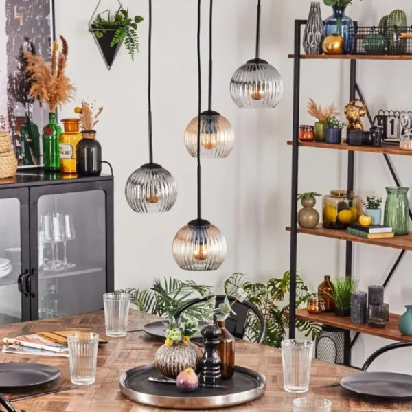 hofstein Koyoto Suspension, Boule lumineuse, Suspension Ambre, Clair, Fumé, 4 lumières* Lampes Modernes