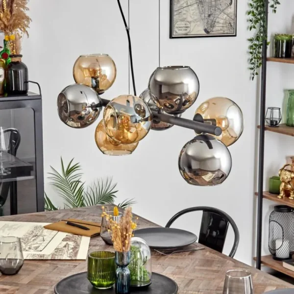 hofstein Koyoto Suspension, Boule lumineuse, Suspension Ambre, Chrome, Fumé, 8 lumières* Lampes Modernes
