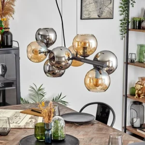 hofstein Koyoto Suspension, Boule lumineuse, Suspension Ambre, Chrome, Fumé, 8 lumières* Lampes Modernes