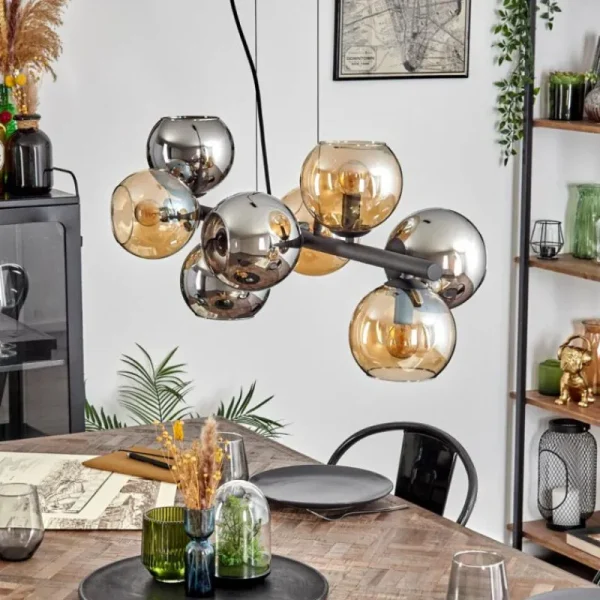 hofstein Koyoto Suspension, Boule lumineuse, Suspension Ambre, Chrome, Fumé, 8 lumières* Lampes Modernes