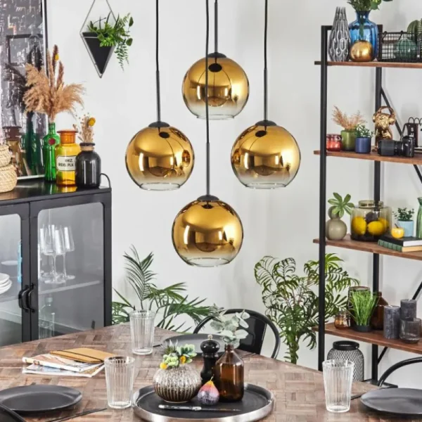 hofstein Koyoto Suspension, Boule lumineuse Or, Clair, 4 lumières* Lampes En Verre