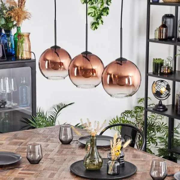 hofstein Koyoto Suspension, Boule lumineuse, Suspension Clair, Cuivré, 3 lumières* Lampes En Verre