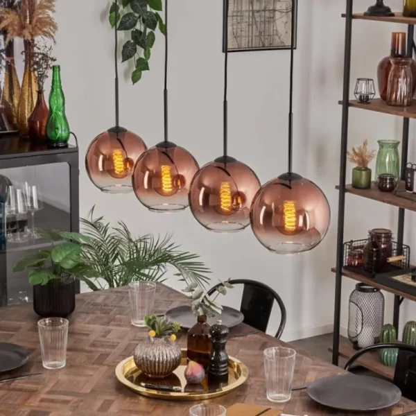 hofstein Koyoto Suspension Clair, Cuivré, 4 lumières* Lampes En Verre