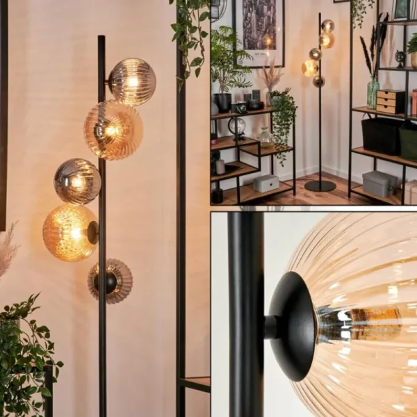 hofstein Lampadaire - Verre 12 cm, 15 cm Remaisnil Noir, 5 lumières* Lampes Modernes
