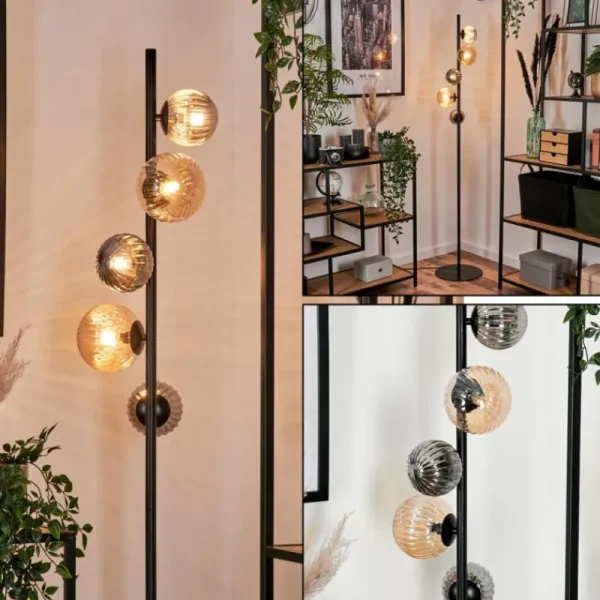 hofstein Lampadaire - Verre 10 cm, 12 cm Remaisnil Noir, 5 lumières* Lampes Modernes