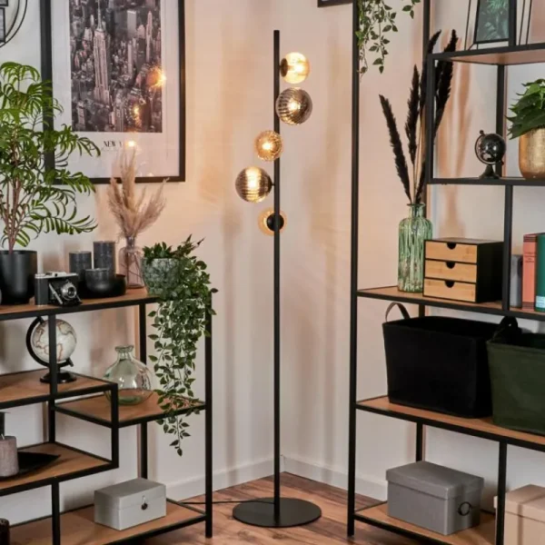 hofstein Lampadaire - Verre 10 cm, 12 cm Remaisnil Noir, 5 lumières* Lampes Modernes