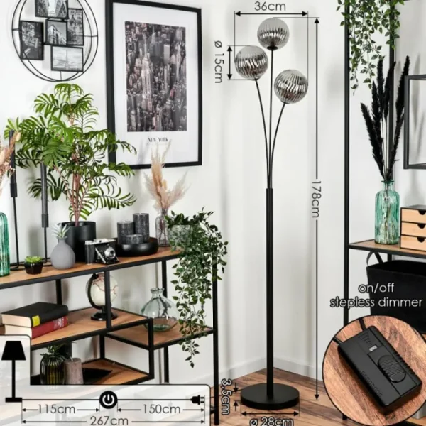 hofstein Lampadaire - Verre 15 cm Bernado Fumé, 3 lumières* Lampes Modernes