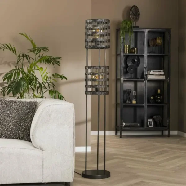 hofstein Lampadaire Gastona Nickel mat, Noir, 2 lumières* Lampes Modernes
