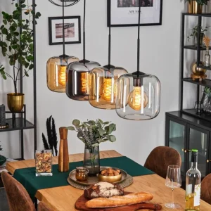 hofstein Lauden Suspension Ambre, Chrome, Clair, 4 lumières* Lampes En Verre