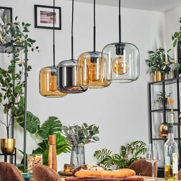 hofstein Lauden Suspension Ambre, Chrome, Clair, 4 lumières* Lampes En Verre